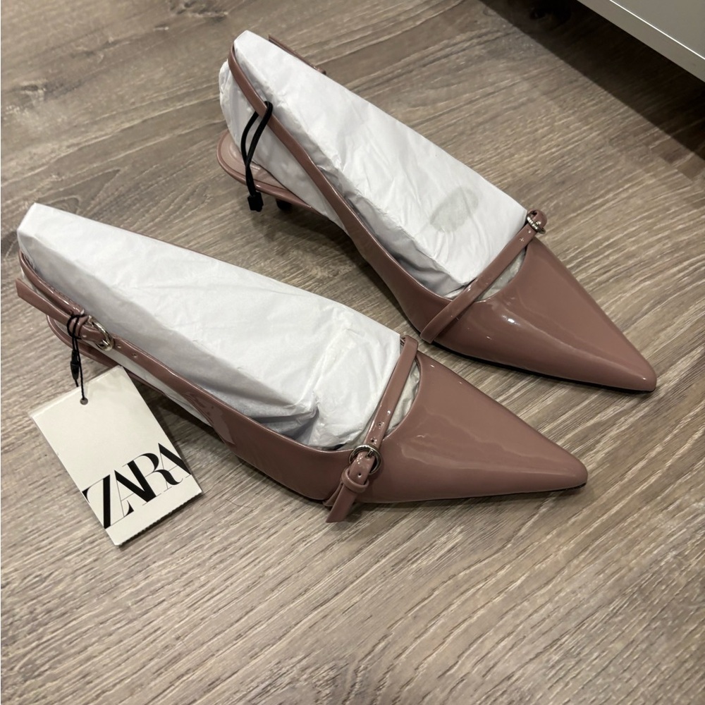 NWT Zara Dusty Rose Patent Pointed-Toe Slingback Heels